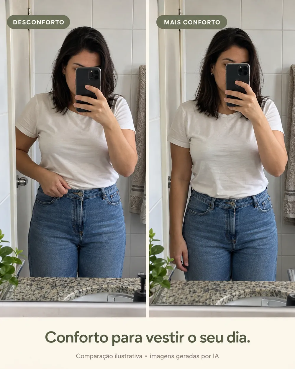 Comparação ilustrativa: mulher com desconforto no cós da calça e, ao lado, mais confortável com a mesma roupa