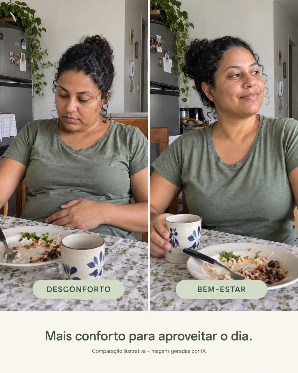 Comparação ilustrativa: mulher com desconforto após a refeição e, ao lado, sentindo bem-estar à mesa