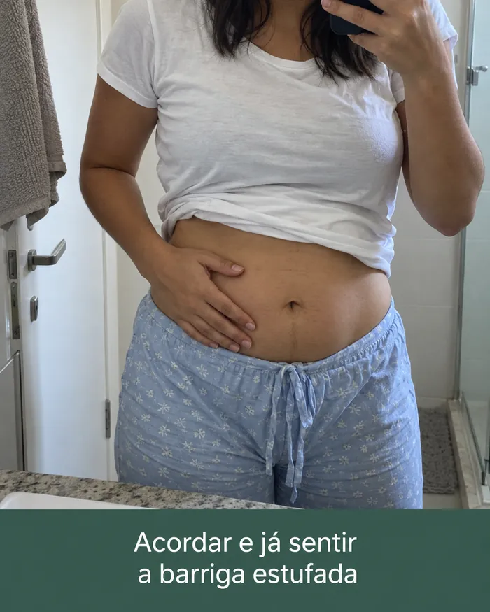 Mulher no espelho com a mão na barriga estufada logo ao acordar