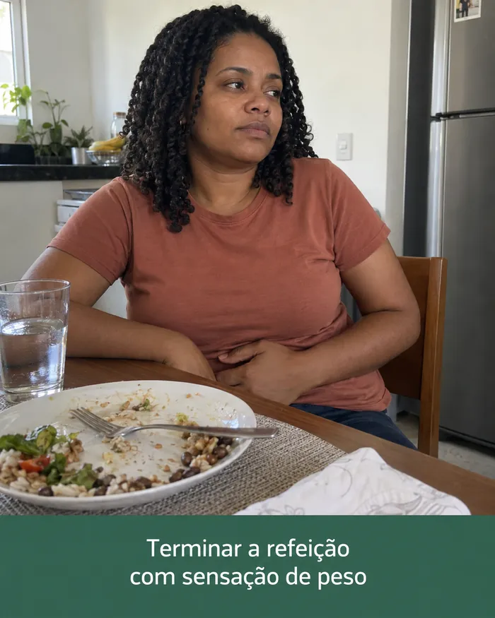 Mulher à mesa após a refeição com sensação de peso na barriga